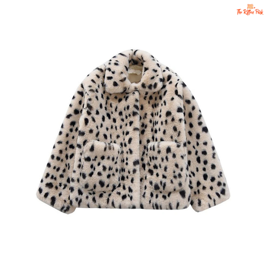Women's Leopard Faux Fur Coat, short plush winter jacket with slim cut, turn-down collar, pockets, and covered button closure in faux fur.