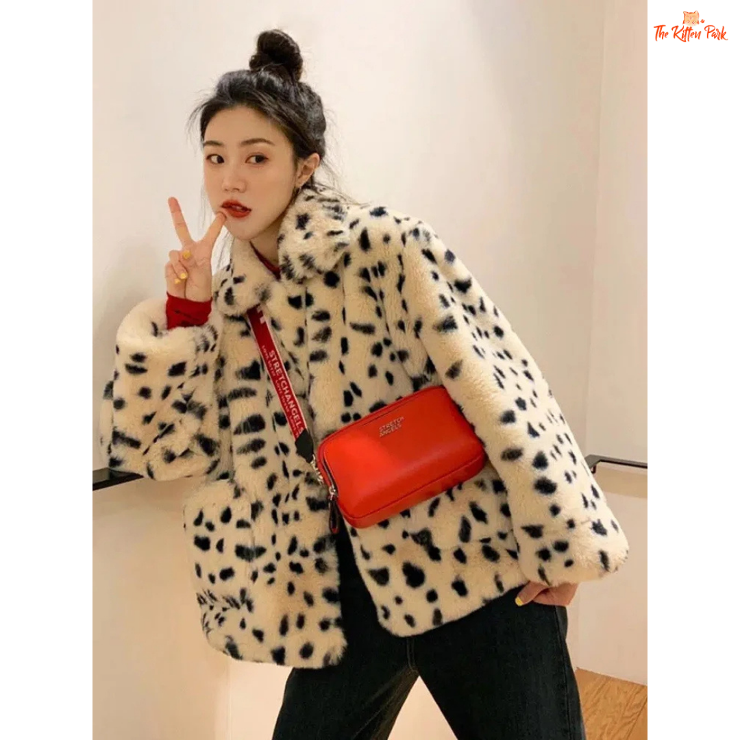 Women's Leopard Faux Fur Coat, short plush winter jacket with slim cut, turn-down collar, pockets, and covered button closure in faux fur.