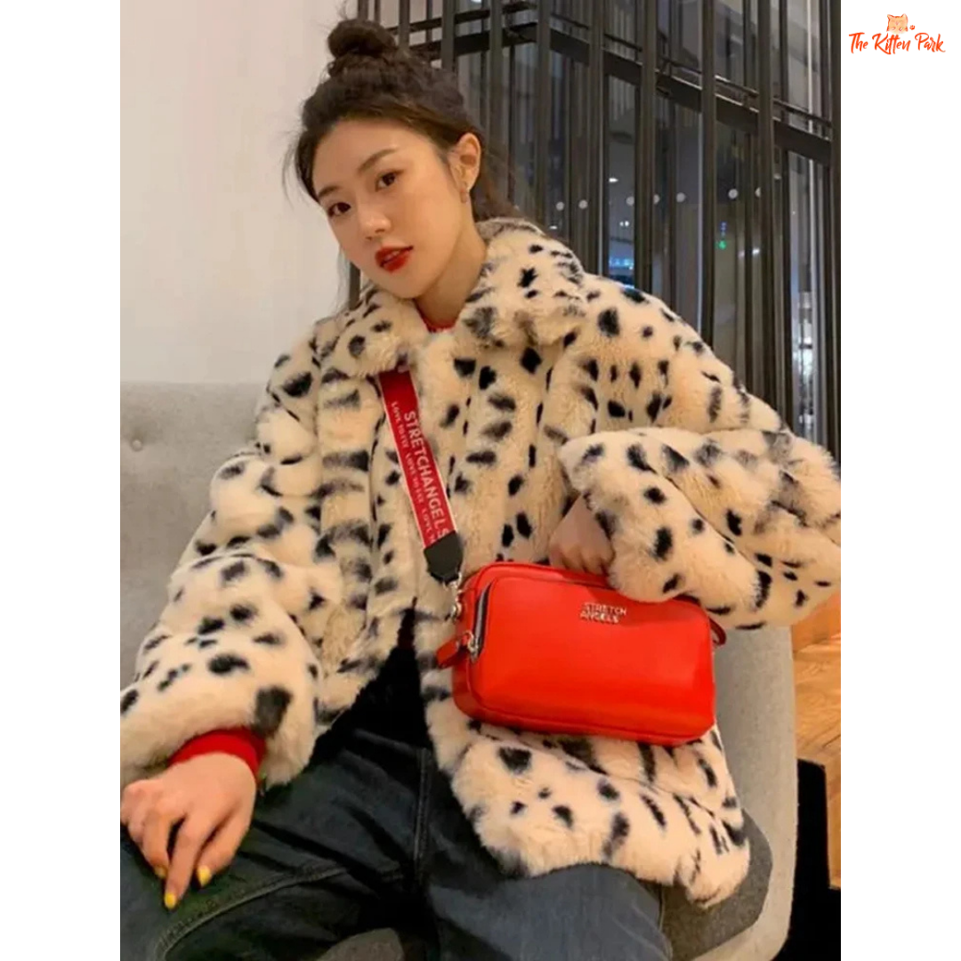 Women's Leopard Faux Fur Coat, short plush winter jacket with slim cut, turn-down collar, pockets, and covered button closure in faux fur.