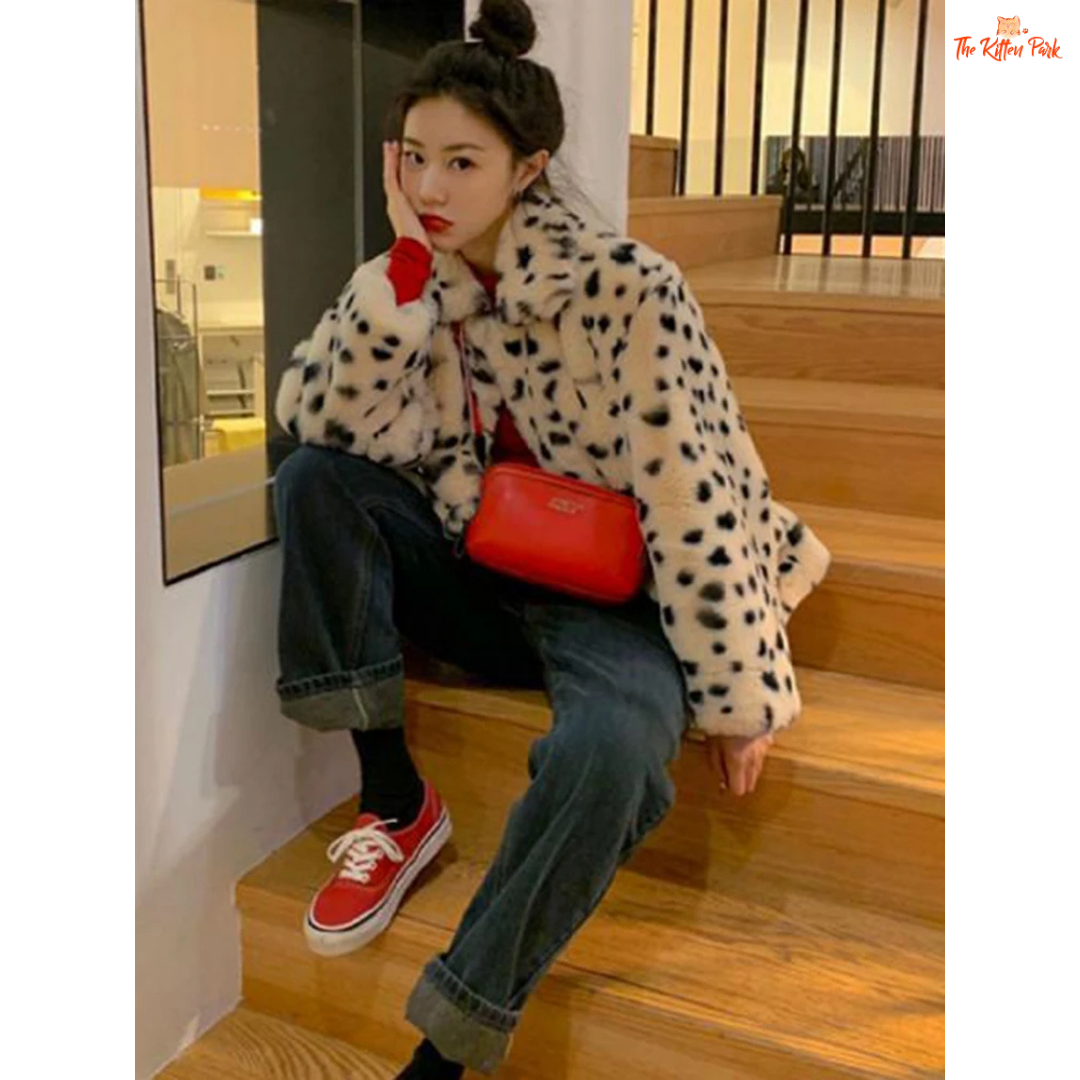 Women's Leopard Faux Fur Coat, short plush winter jacket with slim cut, turn-down collar, pockets, and covered button closure in faux fur.