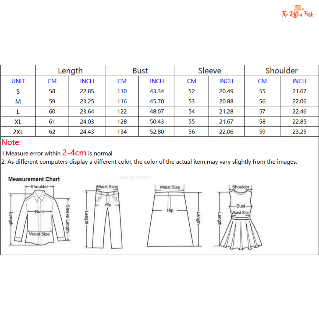 Measurement chart for clothing with unit conversion from centimeters to inches.