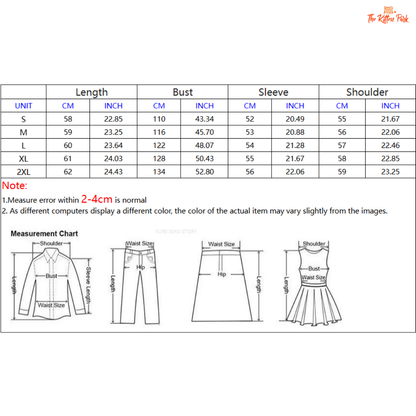 Measurement chart for clothing with unit conversion from centimeters to inches.