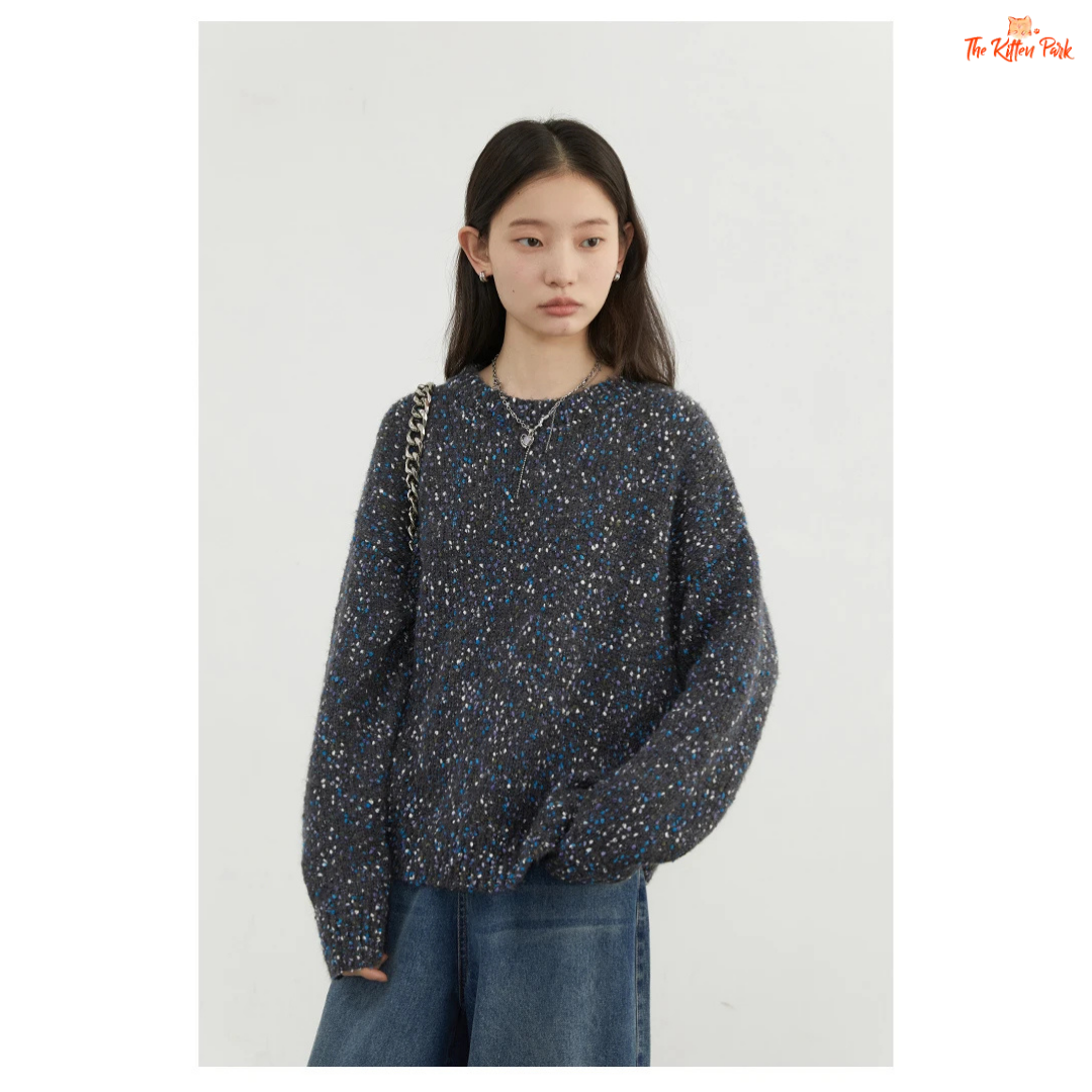 Women’s O-Neck Dot Knit Cardigan – Loose Casual Sweater Top Autumn Winter 2026, heavyweight dotted knit with full sleeves and cozy casual fit.