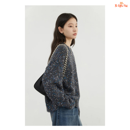 Women’s O-Neck Dot Knit Cardigan – Loose Casual Sweater Top Autumn Winter 2026, heavyweight dotted knit with full sleeves and cozy casual fit.