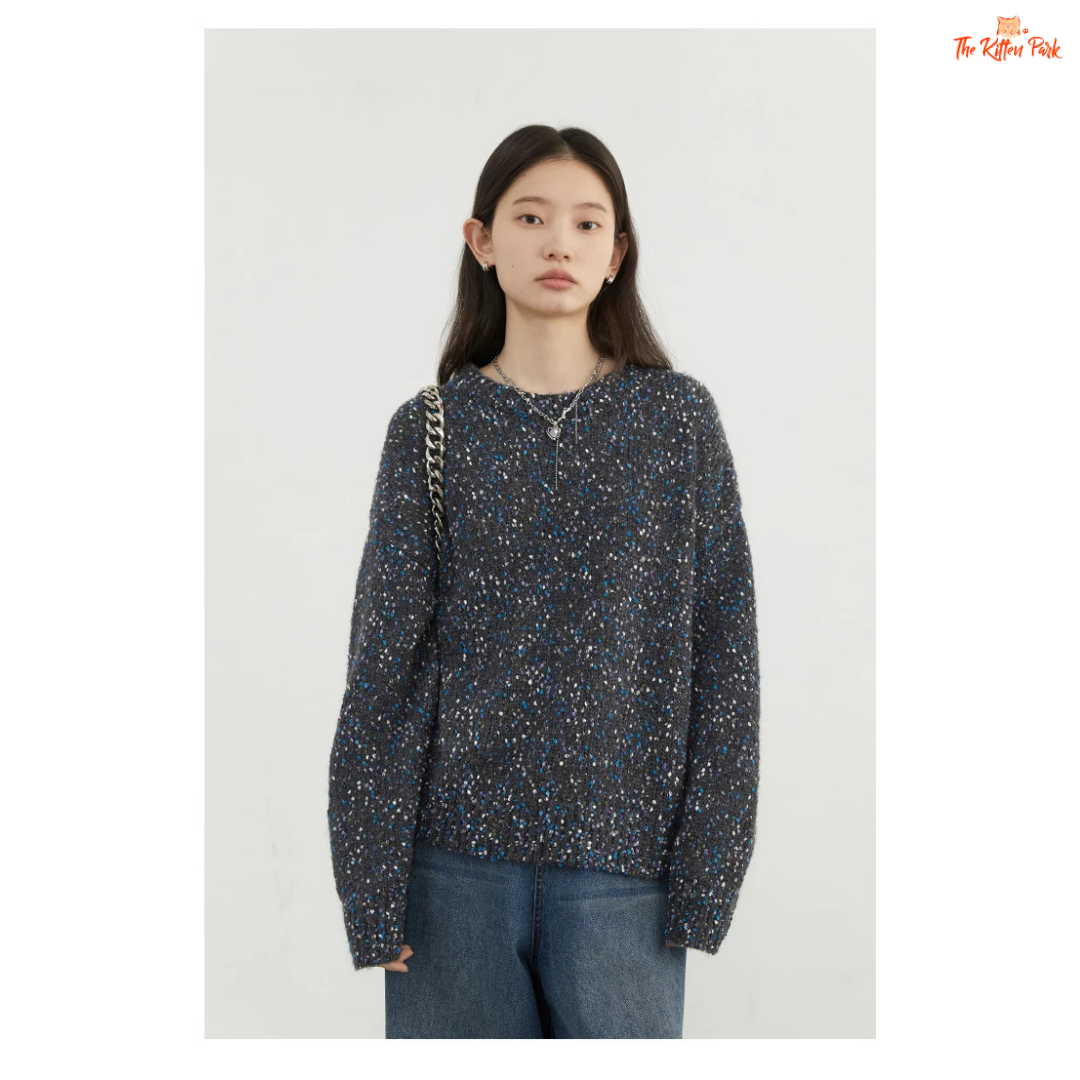 Women’s O-Neck Dot Knit Cardigan – Loose Casual Sweater Top Autumn Winter 2026, heavyweight dotted knit with full sleeves and cozy casual fit.