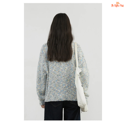 Women’s O-Neck Dot Knit Cardigan – Loose Casual Sweater Top Autumn Winter 2026, heavyweight dotted knit with full sleeves and cozy casual fit.
