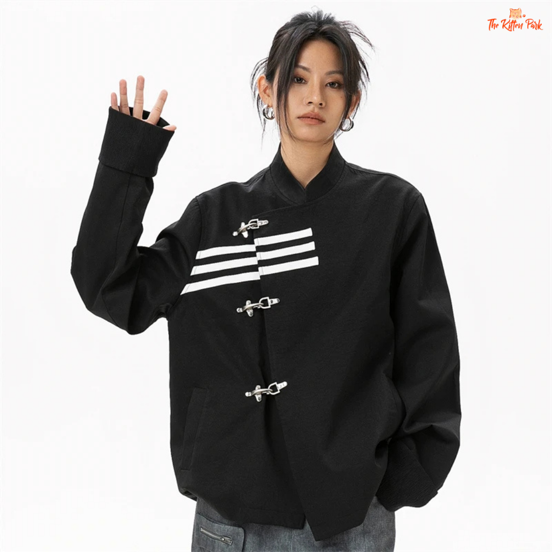 Person wearing a black jacket with white stripes and a logo on a white background