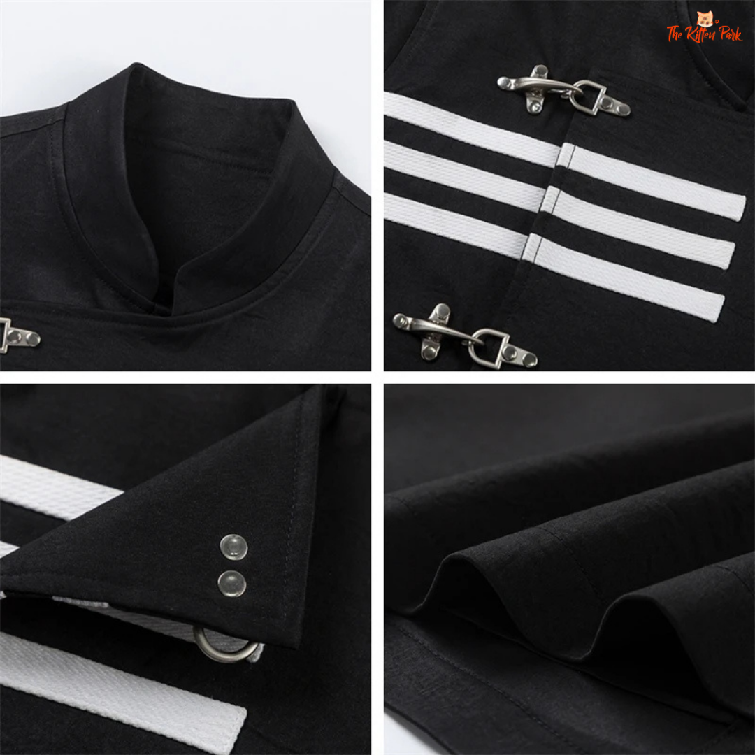 Collage of black clothing with white stripes and metal buttons on a white background