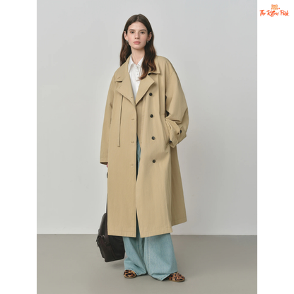 Women’s Oversized Casual Trench Coat 2026 with long length, lace-up decoration, turndown collar, and wide-waisted fit in pink-beige gradient style.