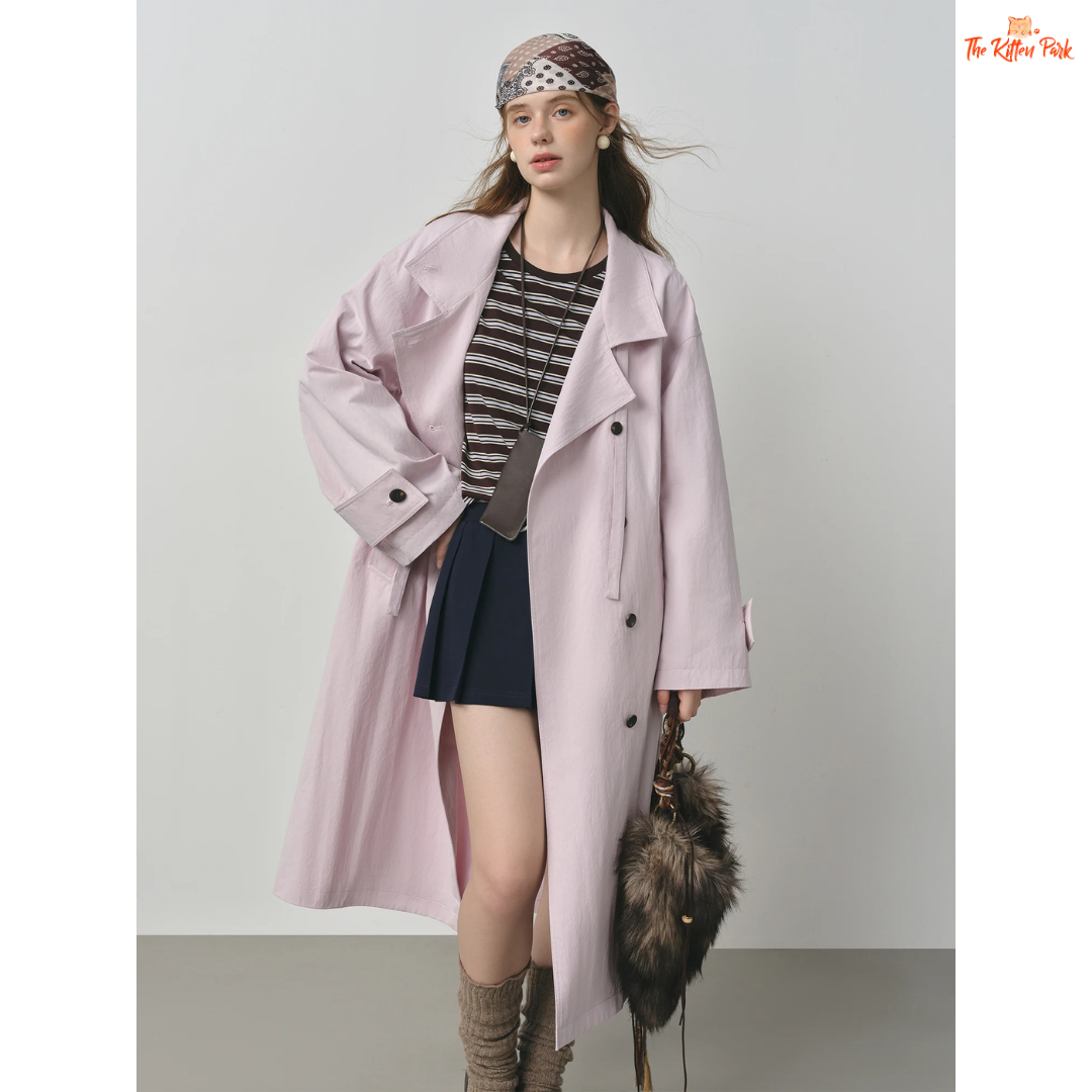 Women’s Oversized Casual Trench Coat 2026 with long length, lace-up decoration, turndown collar, and wide-waisted fit in pink-beige gradient style.