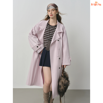 Women’s Oversized Casual Trench Coat 2026 with long length, lace-up decoration, turndown collar, and wide-waisted fit in pink-beige gradient style.