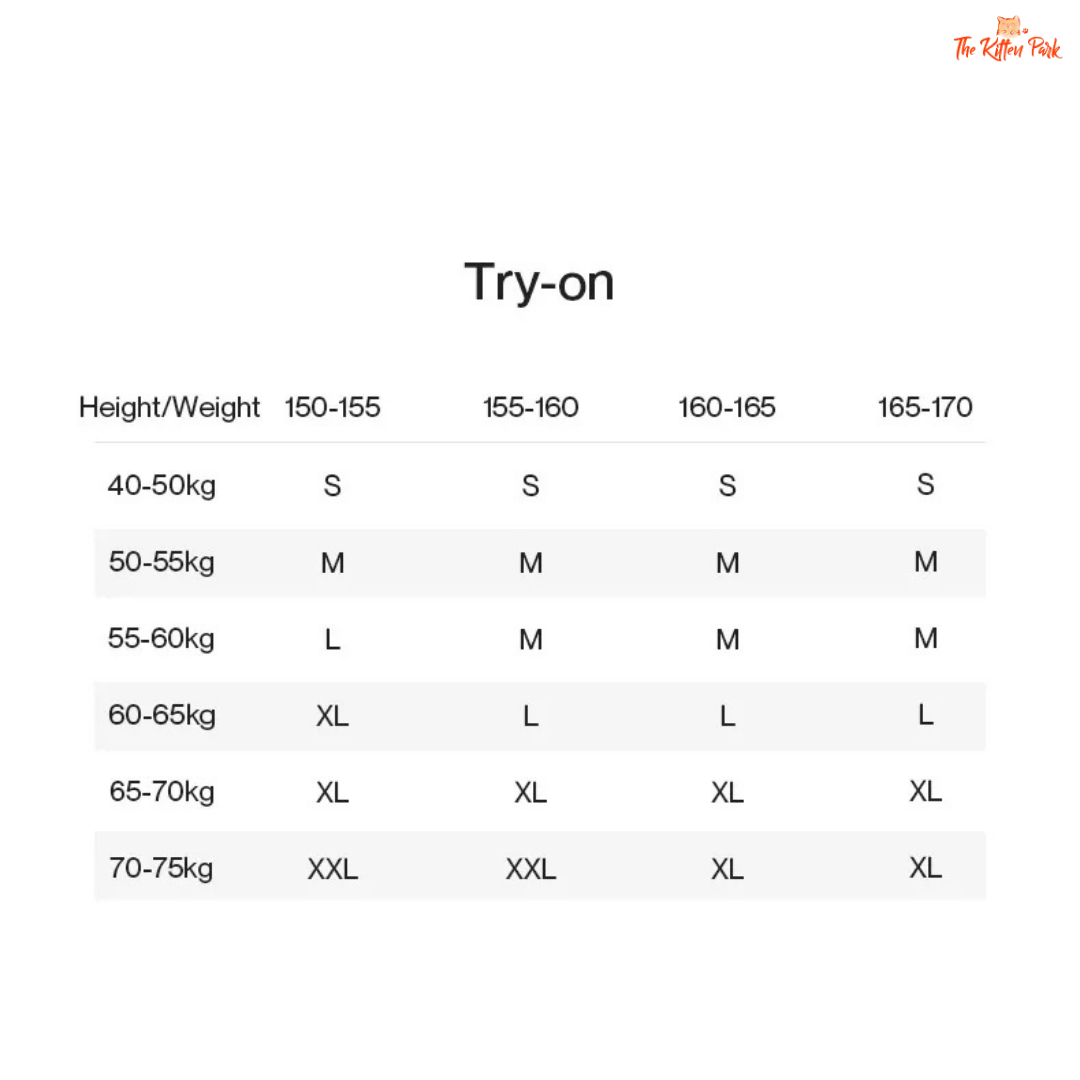 Size chart for clothing with height and weight ranges and corresponding size labels.