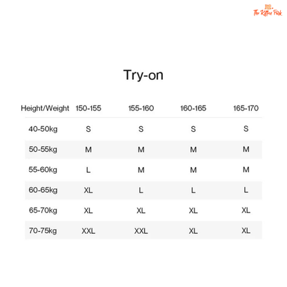 Size chart for clothing with height and weight ranges and corresponding size labels.
