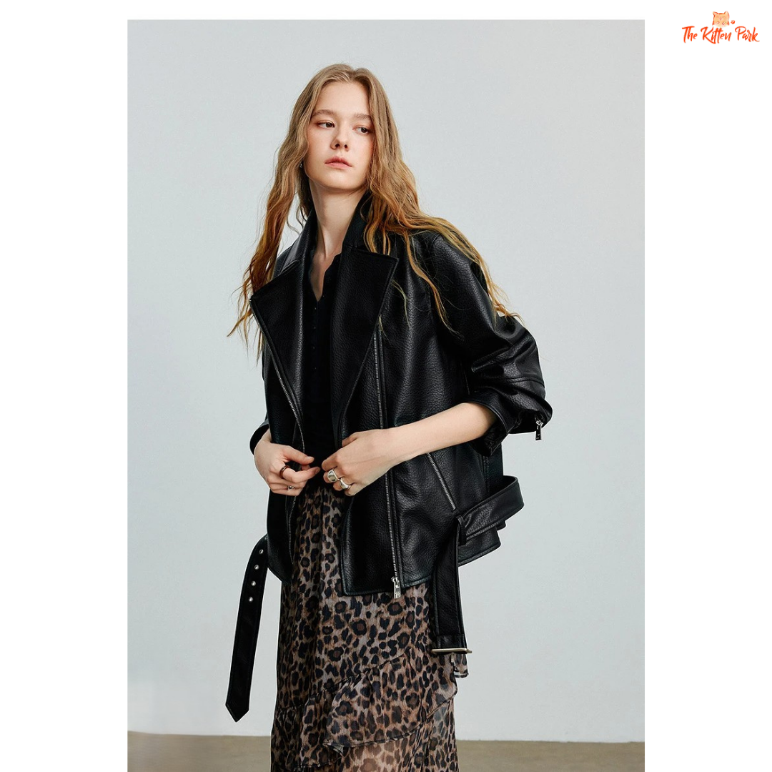 Women’s PU Leather Jacket – Autumn 2026 Motorcycle Style with Waist Belt, faux leather streetwear jacket with zipper closure and full sleeves.