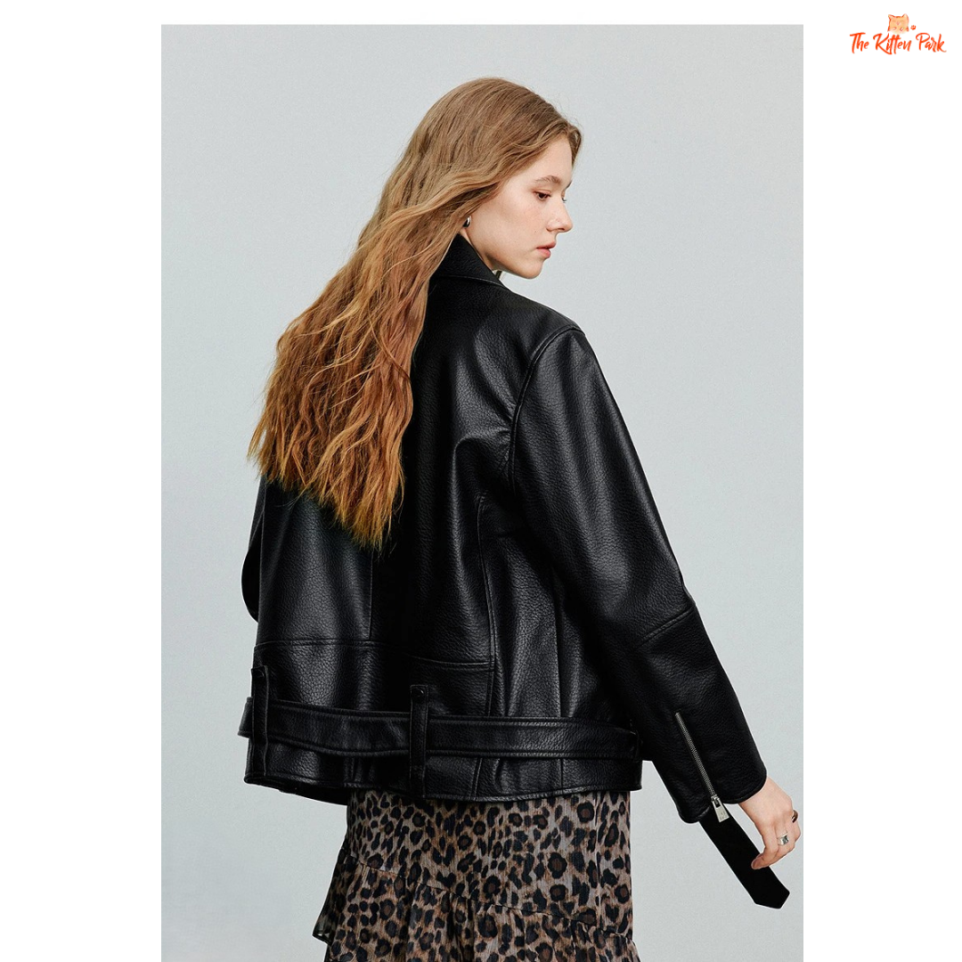 Women’s PU Leather Jacket – Autumn 2026 Motorcycle Style with Waist Belt, faux leather streetwear jacket with zipper closure and full sleeves.