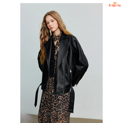 Women’s PU Leather Jacket – Autumn 2026 Motorcycle Style with Waist Belt, faux leather streetwear jacket with zipper closure and full sleeves.