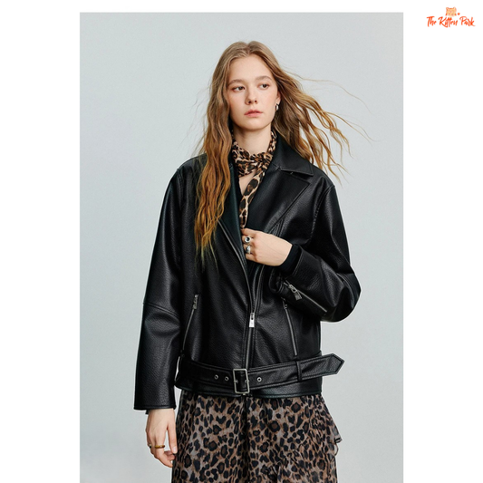 Women’s PU Leather Jacket – Autumn 2026 Motorcycle Style with Waist Belt, faux leather streetwear jacket with zipper closure and full sleeves.