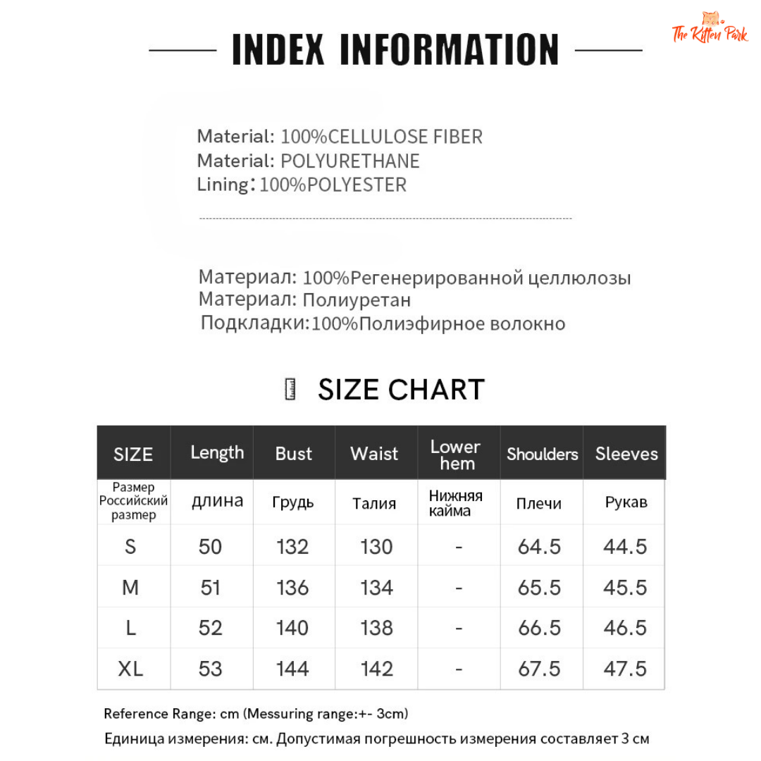 Product index information with material details and size chart on a white background