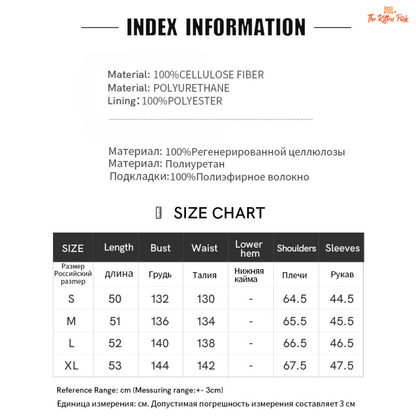 Product index information with material details and size chart on a white background