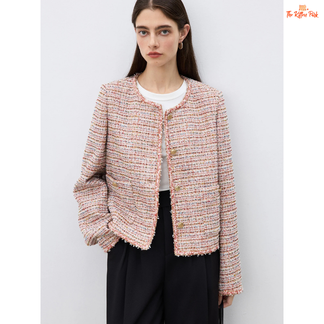 Women’s pink tweed jacket with round neck, striped design, button closure, and elegant short coat style for spring and summer wear.