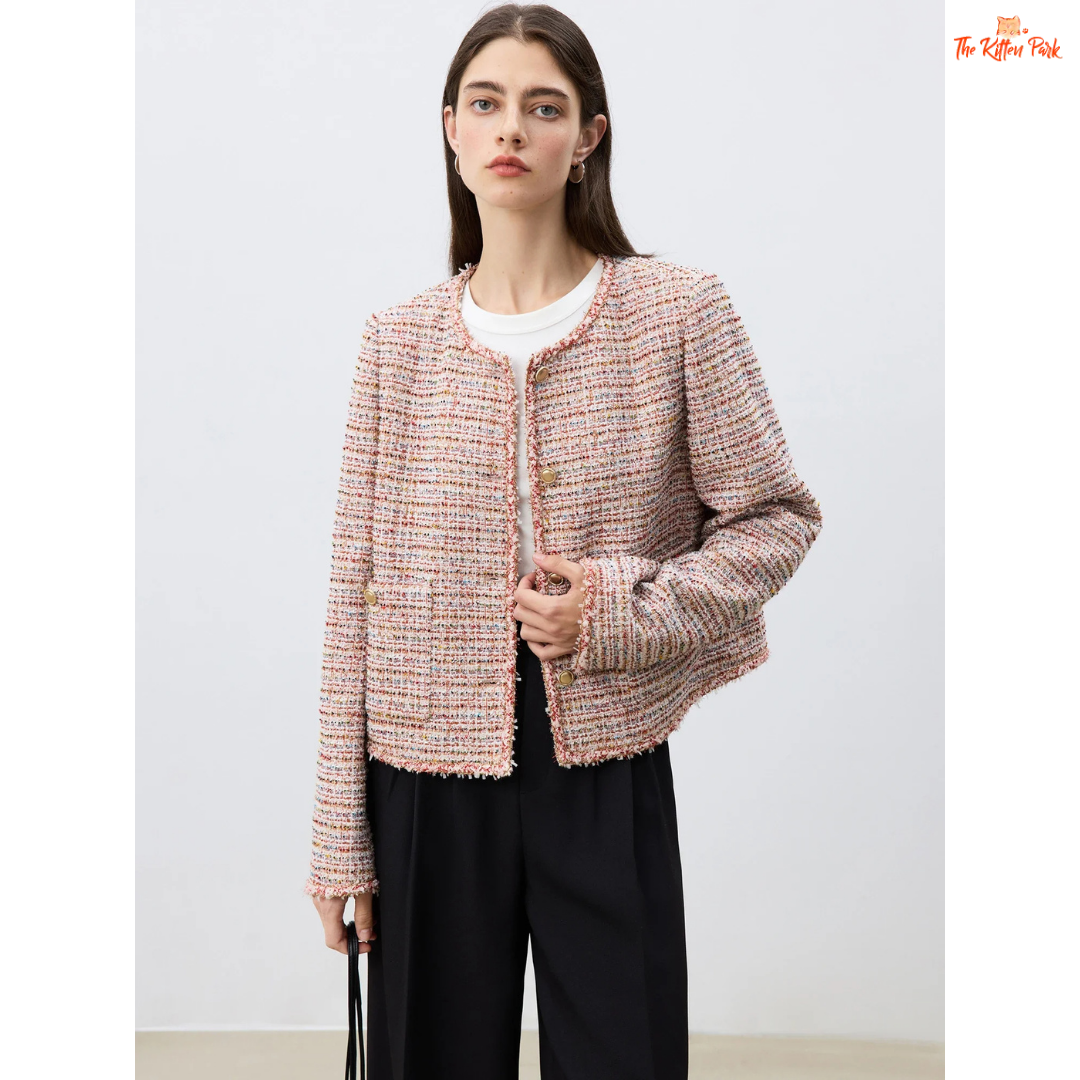 Women’s pink tweed jacket with round neck, striped design, button closure, and elegant short coat style for spring and summer wear.