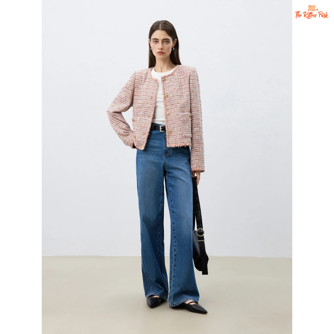 Women’s pink tweed jacket with round neck, striped design, button closure, and elegant short coat style for spring and summer wear.