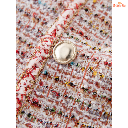 Women’s pink tweed jacket with round neck, striped design, button closure, and elegant short coat style for spring and summer wear.