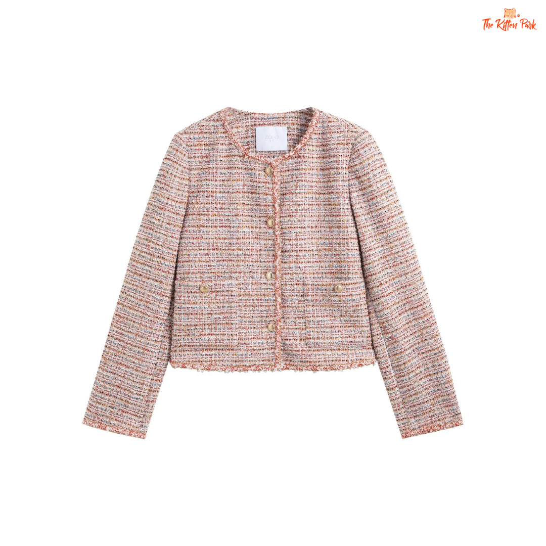 Women’s pink tweed jacket with round neck, striped design, button closure, and elegant short coat style for spring and summer wear.