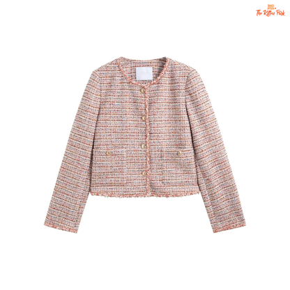 Women’s pink tweed jacket with round neck, striped design, button closure, and elegant short coat style for spring and summer wear.