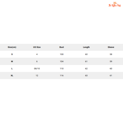 Size chart for clothing with measurements in centimeters and US size.