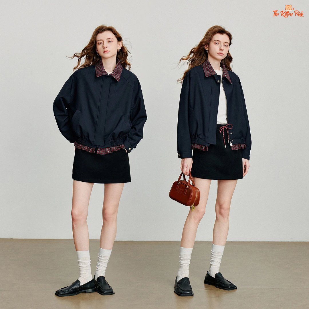 Women’s Retro Plaid Patchwork Jacket – Navy Blue Turn-Down Collar Coat 2026 Autumn with zipper closure, plaid patchwork design, and office-ready style.