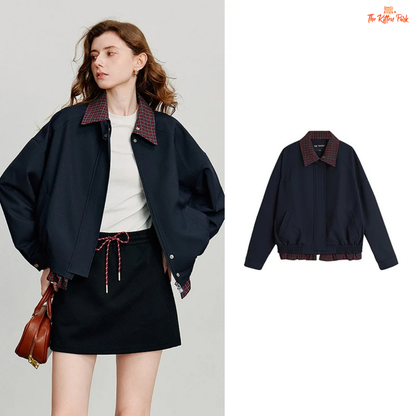 Women’s Retro Plaid Patchwork Jacket – Navy Blue Turn-Down Collar Coat 2026 Autumn with zipper closure, plaid patchwork design, and office-ready style.
