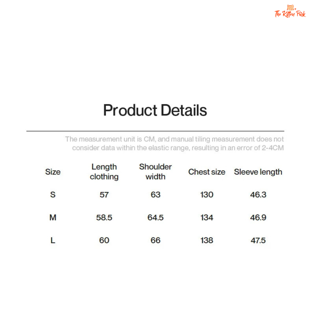 Product details table with size measurements for clothing items.