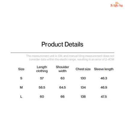 Product details table with size measurements for clothing items.