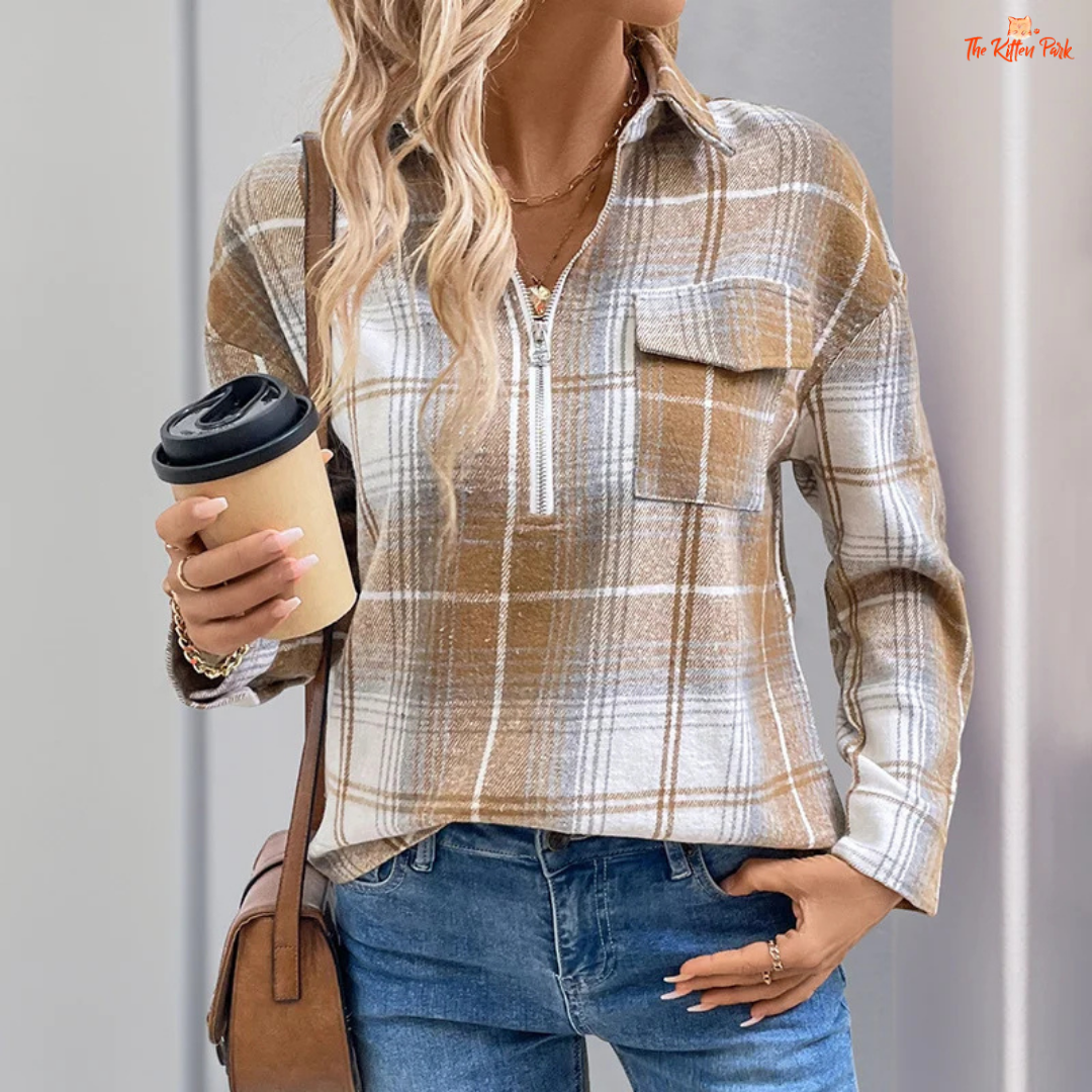 Women’s Retro Plaid Zipper Lapel Shirt Jacket with turn-down collar and classic plaid design, ideal for autumn and winter casual wear.