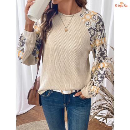 Women’s Retro Print Patchwork Long Sleeve Pullover with vintage-inspired patchwork design and soft polyester-spandex blend for autumn wear.