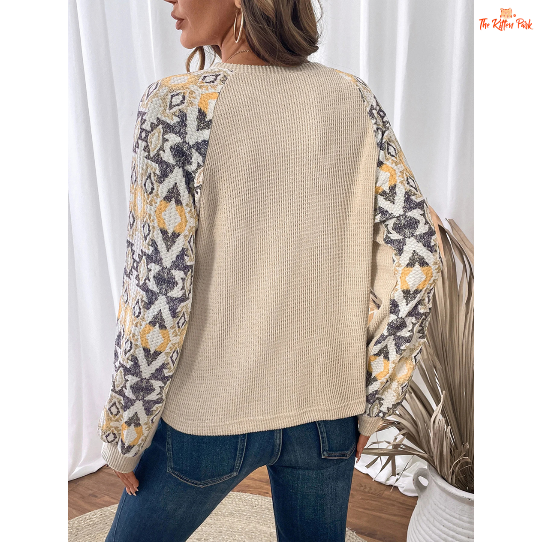 Women’s Retro Print Patchwork Long Sleeve Pullover with vintage-inspired patchwork design and soft polyester-spandex blend for autumn wear.