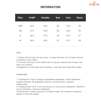 Size chart for clothing with measurements in centimeters