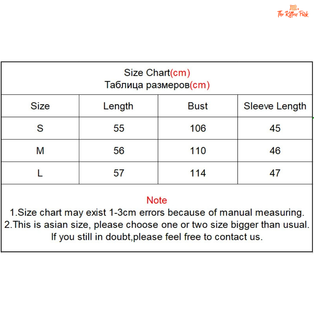 Size chart for clothing measurements in centimeters with a note about potential errors and size recommendations.