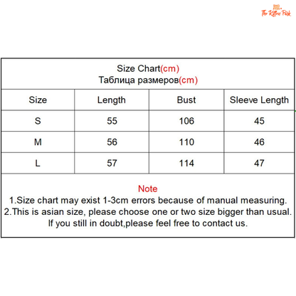 Size chart for clothing measurements in centimeters with a note about potential errors and size recommendations.