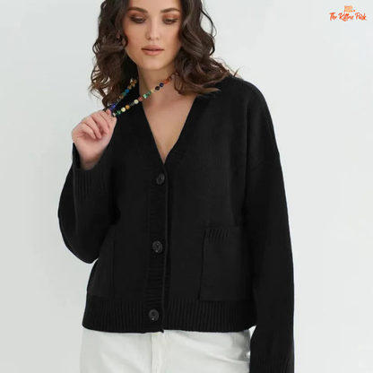 Women’s Solid V-Neck Cardigan – Loose Knit Single-Breasted Sweater with Pockets, extra-heavy fabric, casual loose fit, and full-length sleeves.