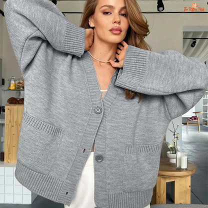 Women’s Solid V-Neck Cardigan – Loose Knit Single-Breasted Sweater with Pockets, extra-heavy fabric, casual loose fit, and full-length sleeves.