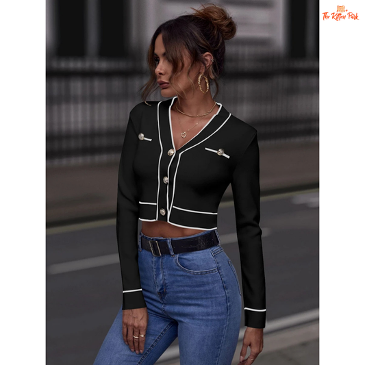 Women’s Striped Crop Cardigan – V Neck Colorblock Knit Sweater, slim fit cropped design with button closure, full sleeves, and autumn winter streetwear style.