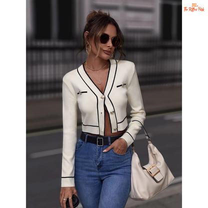 Women’s Striped Crop Cardigan – V Neck Colorblock Knit Sweater, slim fit cropped design with button closure, full sleeves, and autumn winter streetwear style.