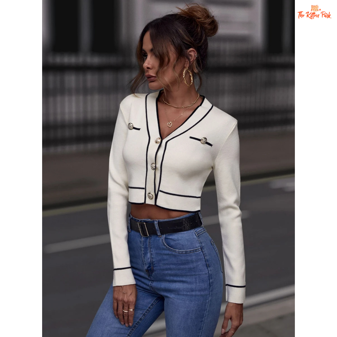 Women’s Striped Crop Cardigan – V Neck Colorblock Knit Sweater, slim fit cropped design with button closure, full sleeves, and autumn winter streetwear style.