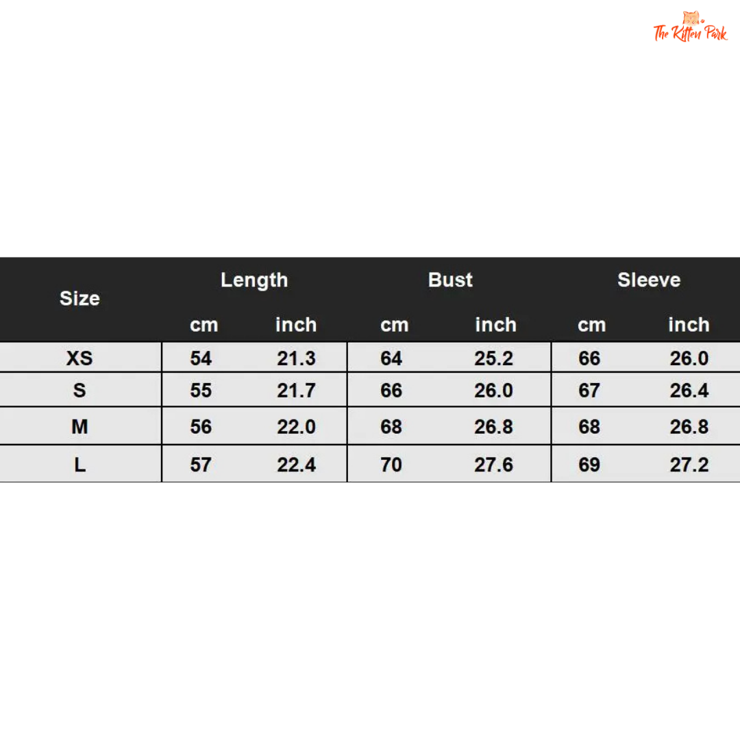 Size chart for clothing with measurements in centimeters and inches.