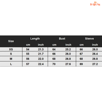 Size chart for clothing with measurements in centimeters and inches.