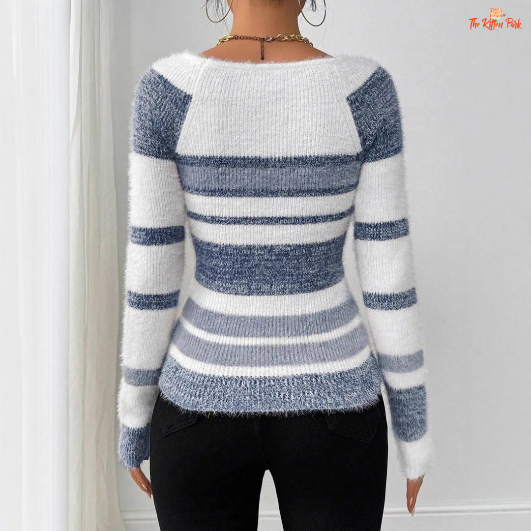 Women’s Striped Square Collar Knit Pullover Sweater with striped A-straight knit pattern, square collar, and regular fit for autumn and winter.