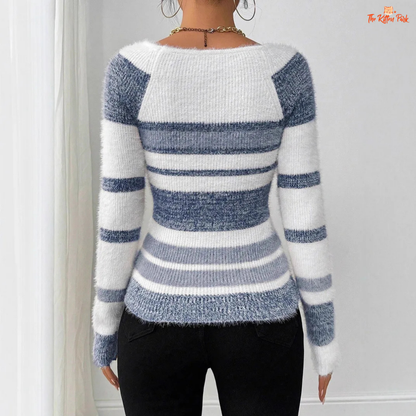 Women’s Striped Square Collar Knit Pullover Sweater with striped A-straight knit pattern, square collar, and regular fit for autumn and winter.