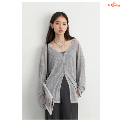 Women’s V-Neck Cardigan – Long Sleeve Lightweight Knit Top